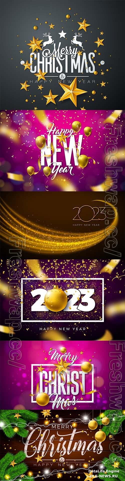 Merry christmas and happy new year illustration with gold glass ball, star and light garland