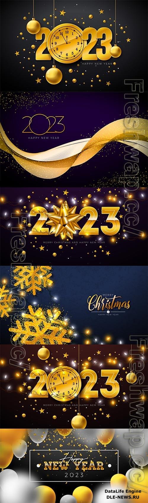 Happy new year 2023 illustration with gold number clock and ornamental glass ball on dark background