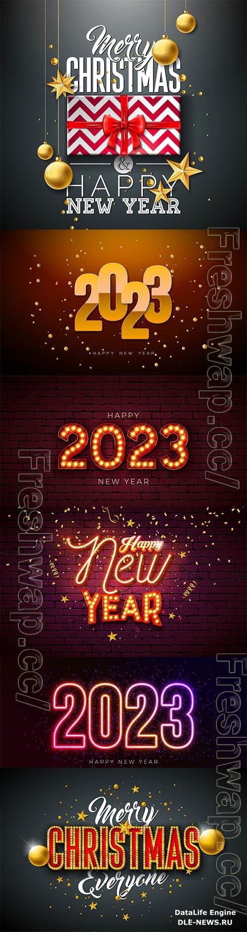 Happy new year 2023 illustration with gold ornamental ball and falling confetti on shiny background