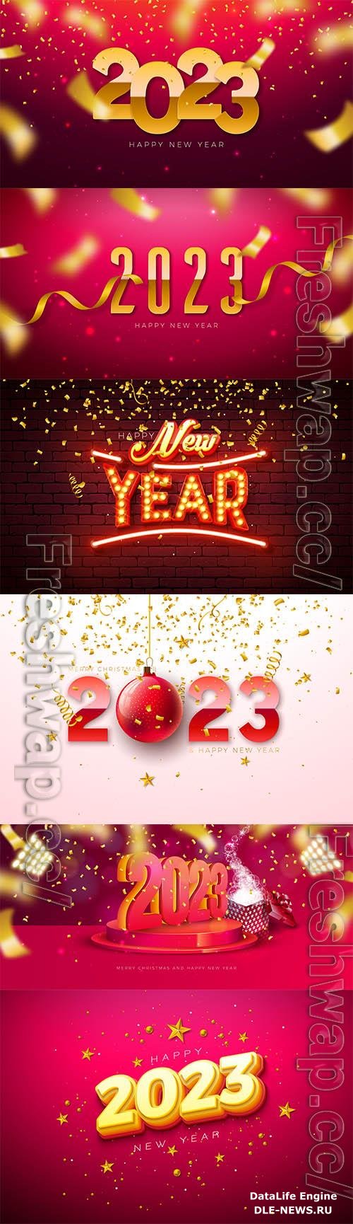 Happy new year 2023 illustration with glowing light bulb number and gold star