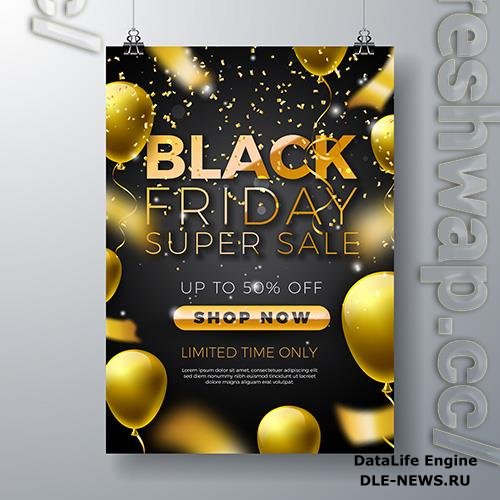 Black friday sale illustration with golden lettering and party balloon on dark background