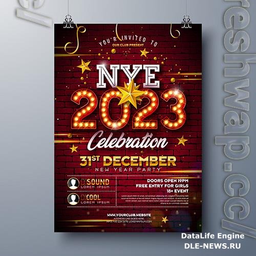 2023 new year party celebration poster template design with lights bulb marquee number and gold star