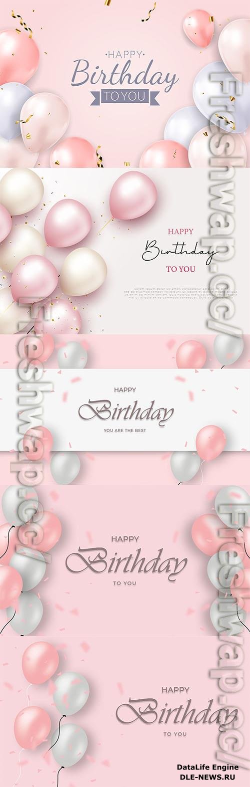 Realistic happy birthday background with pink and white balloons