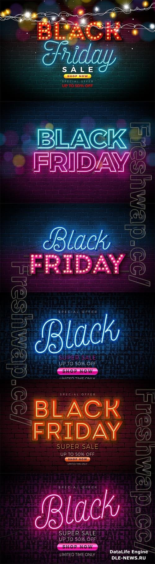 Neon black friday sale illustration with 3d lettering vector