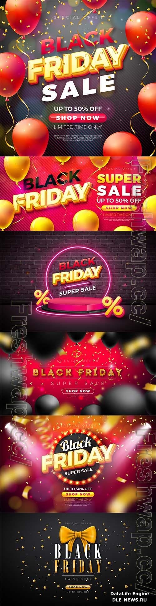 Black friday super sale illustration with magic gold text lettering