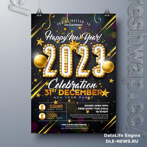 2023 new year party celebration poster design with lights bulb number and gold christmas ball