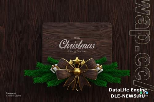 Dark wooden signage mockup with pine leaves and bow knot isolated vol 2