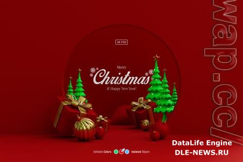 Christmas and new year studio scene with 3d pine trees bauble balls stars and gifts psd