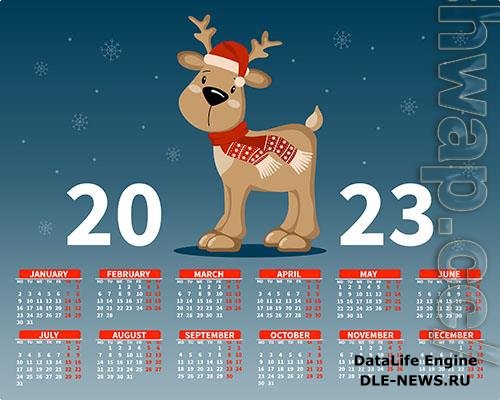 Calendar 2023 with a cute little deer in a santa hat on the background of snowflakes illustration