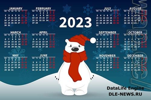 Yearly calendar 2023 with a cute polar bear on the background of a snowy landscape illustration