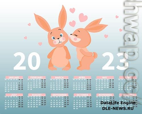 Calendar 2023 with a cute pair of bunnies in love on the background of hearts illustration, print