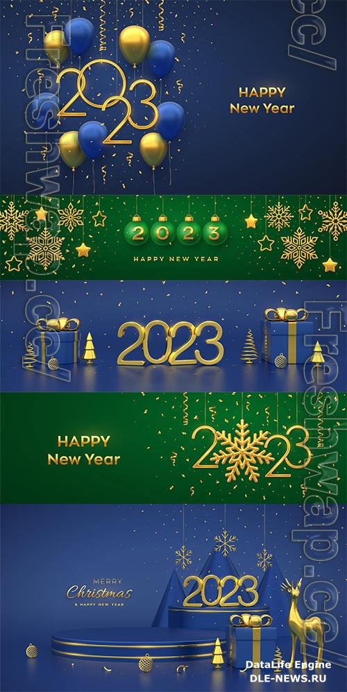 Happy new year 2023 hanging green christmas bauble balls with realistic golden 3d numbers