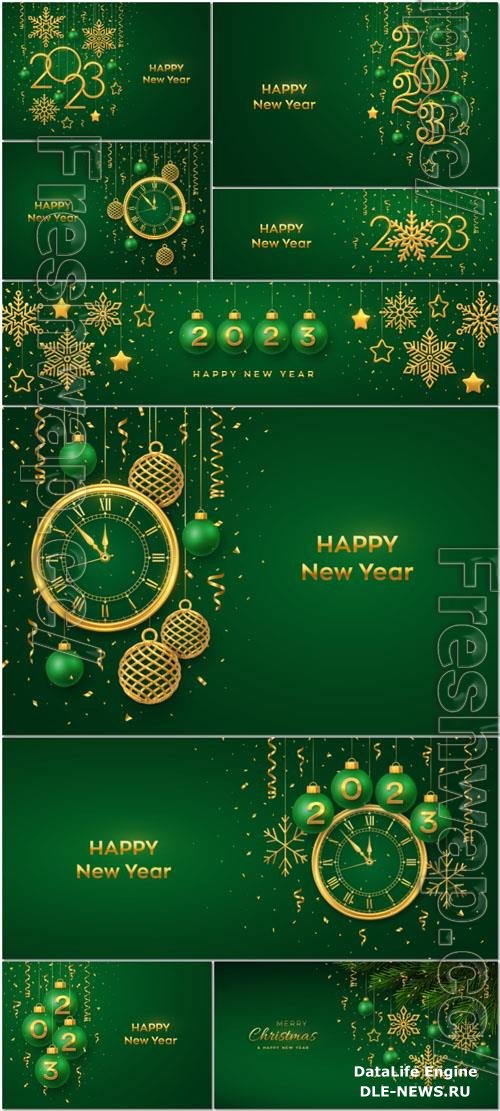 Christmas background with hanging golden snowflakes and green balls gold metallic stars confetti