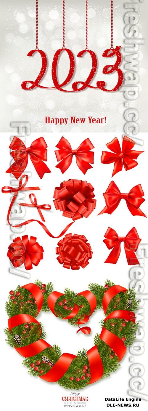 New Year 2023 and gift red bows and ribbons