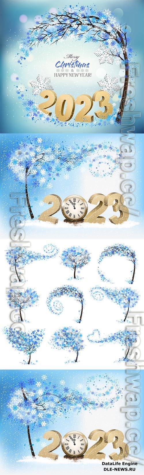 Vector merry christmas and happy new year background with 2023 letters and christmas tree with snowflakes vector