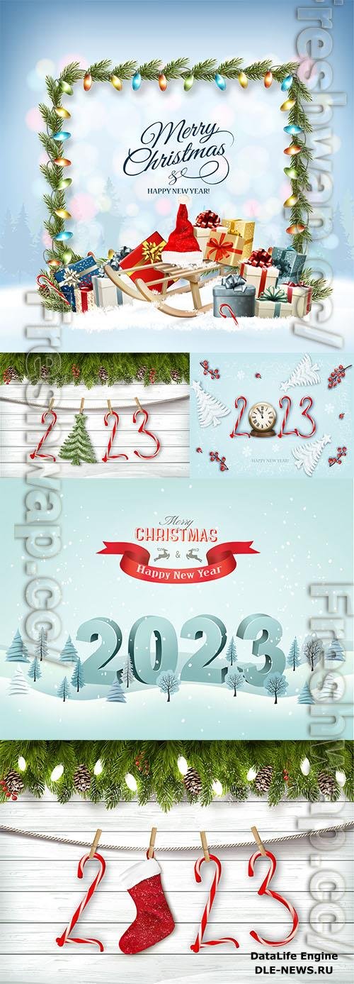 Vector merry christmas and happy new year background with winter landscape colorful gift boxes with santa hat