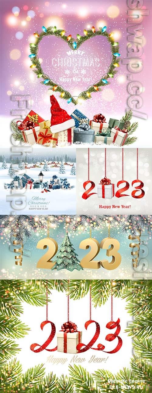 Vector merry christmas and happy new year background with a 2023 letters christmas abstract tree and glowing christmas tree lights vector