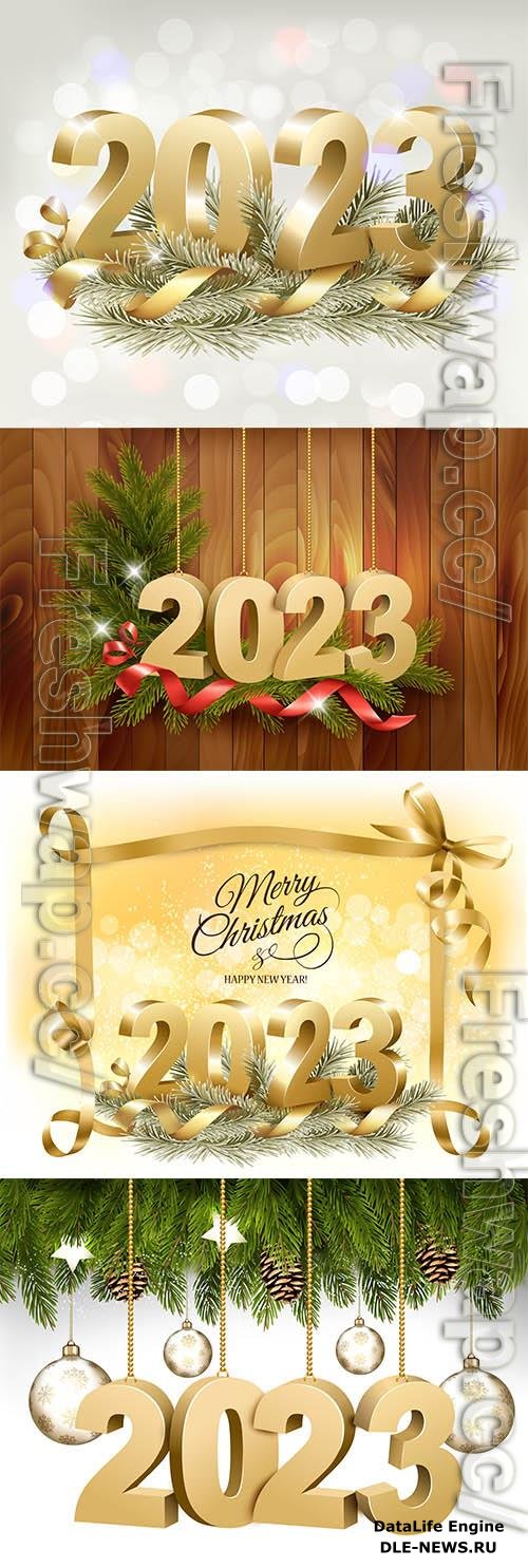 Vector merry christmas and happy new year background with a 2023 letters and branch of tree vector