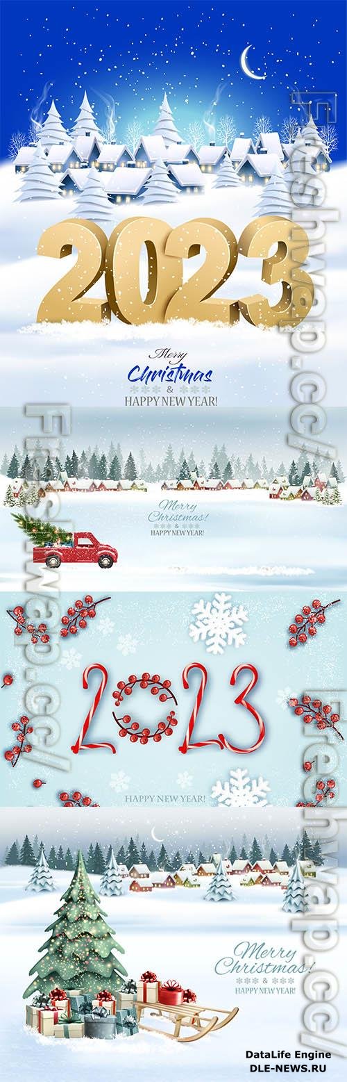 Vector holiday christmas winter background with a village landscape and 2023 litters vector