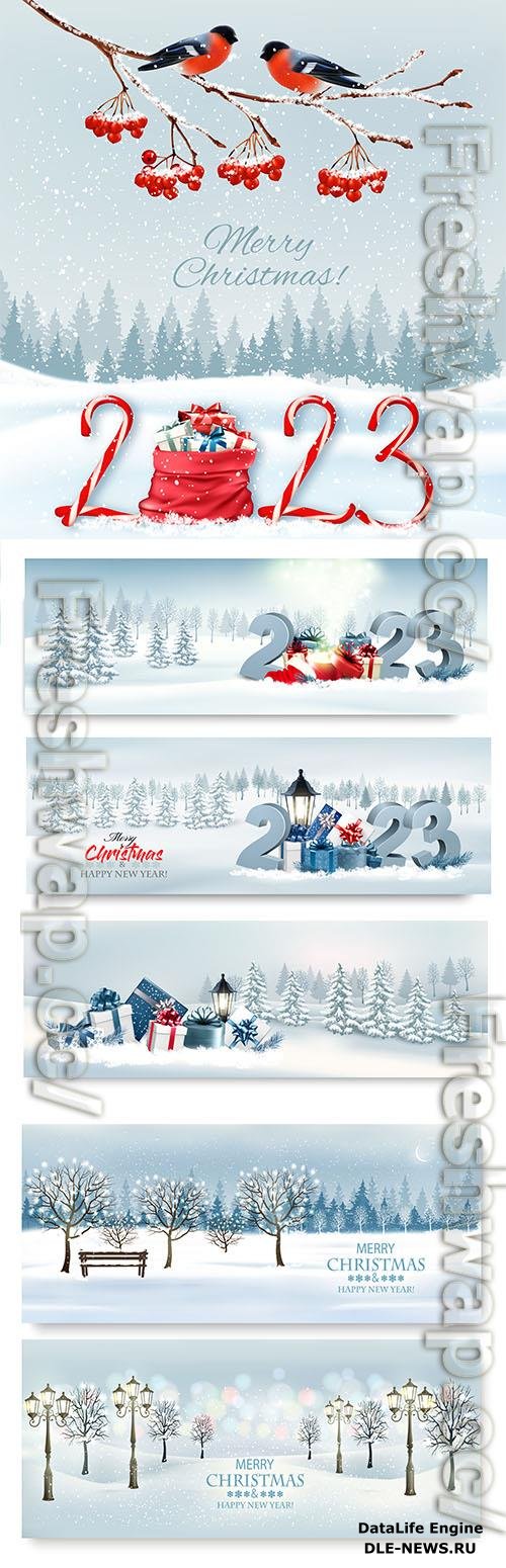 Vector holiday christmas background with red bullfinches on branch of a christmas tree