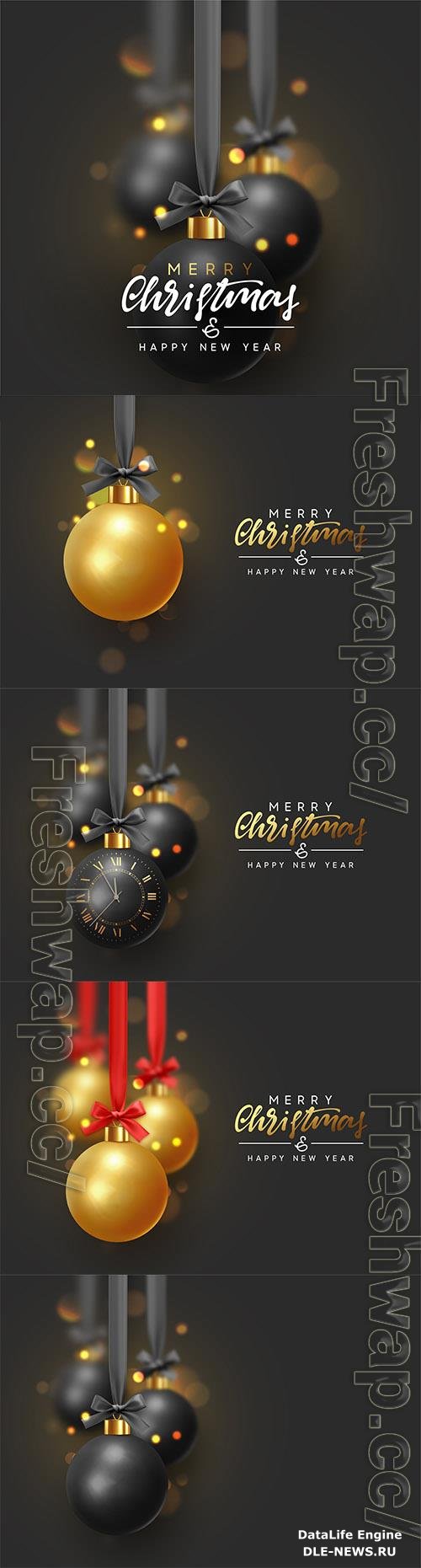 Vector merry christmas and happy new year, xmas golden balls