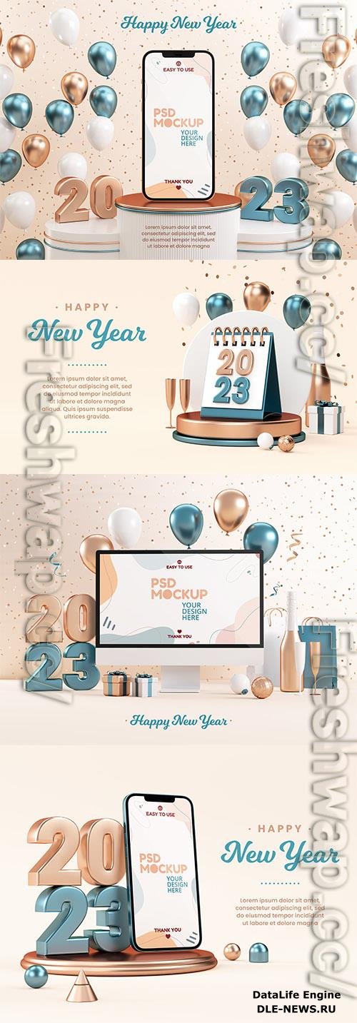 PSD new year 2023 card with numbers and christmas background in 3d render