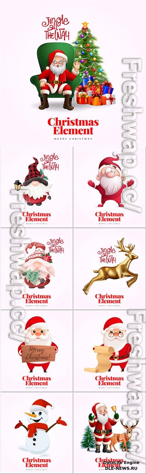 Christmas characters, santa, snowman, gnomes, deer in vector